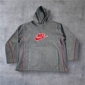 Vtg Nike Pullover Fleece Hoodie Mens XXL Gray Red Spell Out Center Logo Y2K